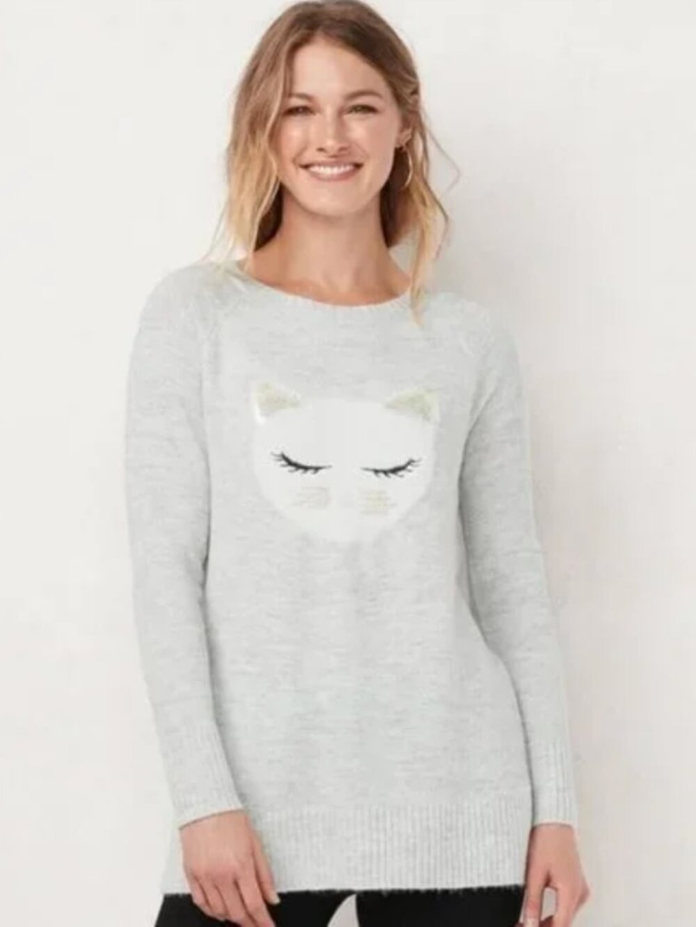 LC Lauren Conrad Sequin Kitty Cat Tunic Pullover Sweater Size Large